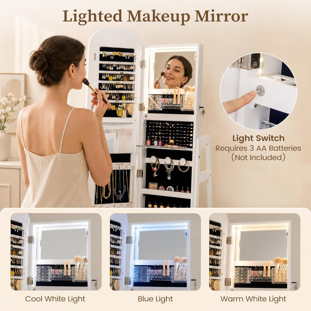 CHARMAID 360° Swivel Jewelry Cabinet with 3-Color LED Vanity Mirror