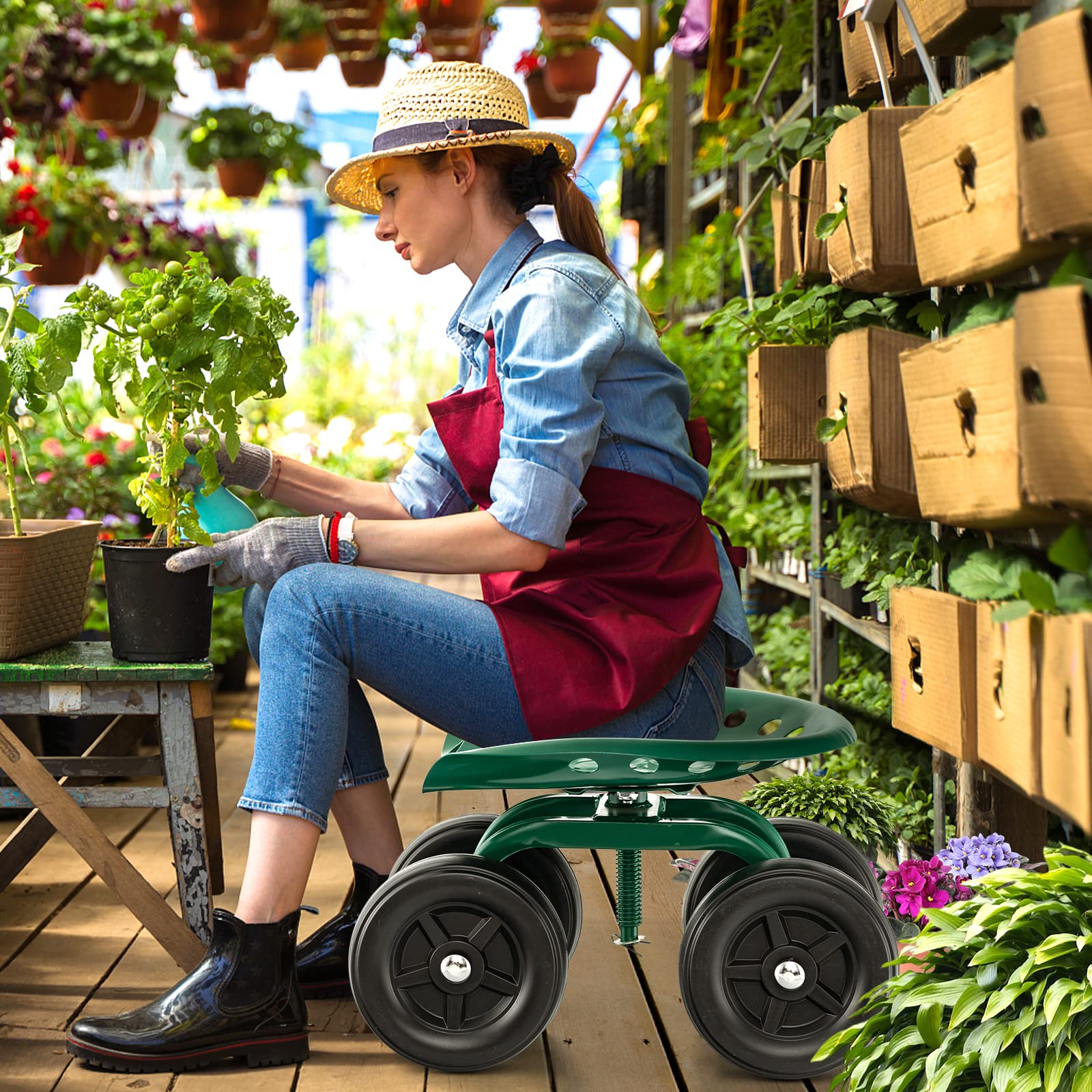 Giantex Garden Cart, Rolling Workseat with 4 Wheels, Garden Stool 360-degree Swivel Work Seat & Adjustable Heigh