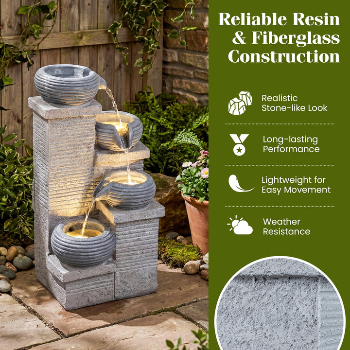 Giantex 4-Tier Water Fountain Outdoor with Warm LED Lights & Pump
