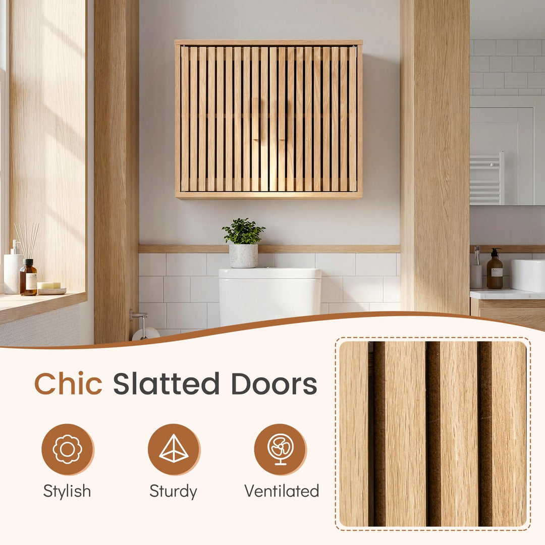 Giantex Wall Mounted Wooden Medicine Cabinet with 2 Slatted Doors