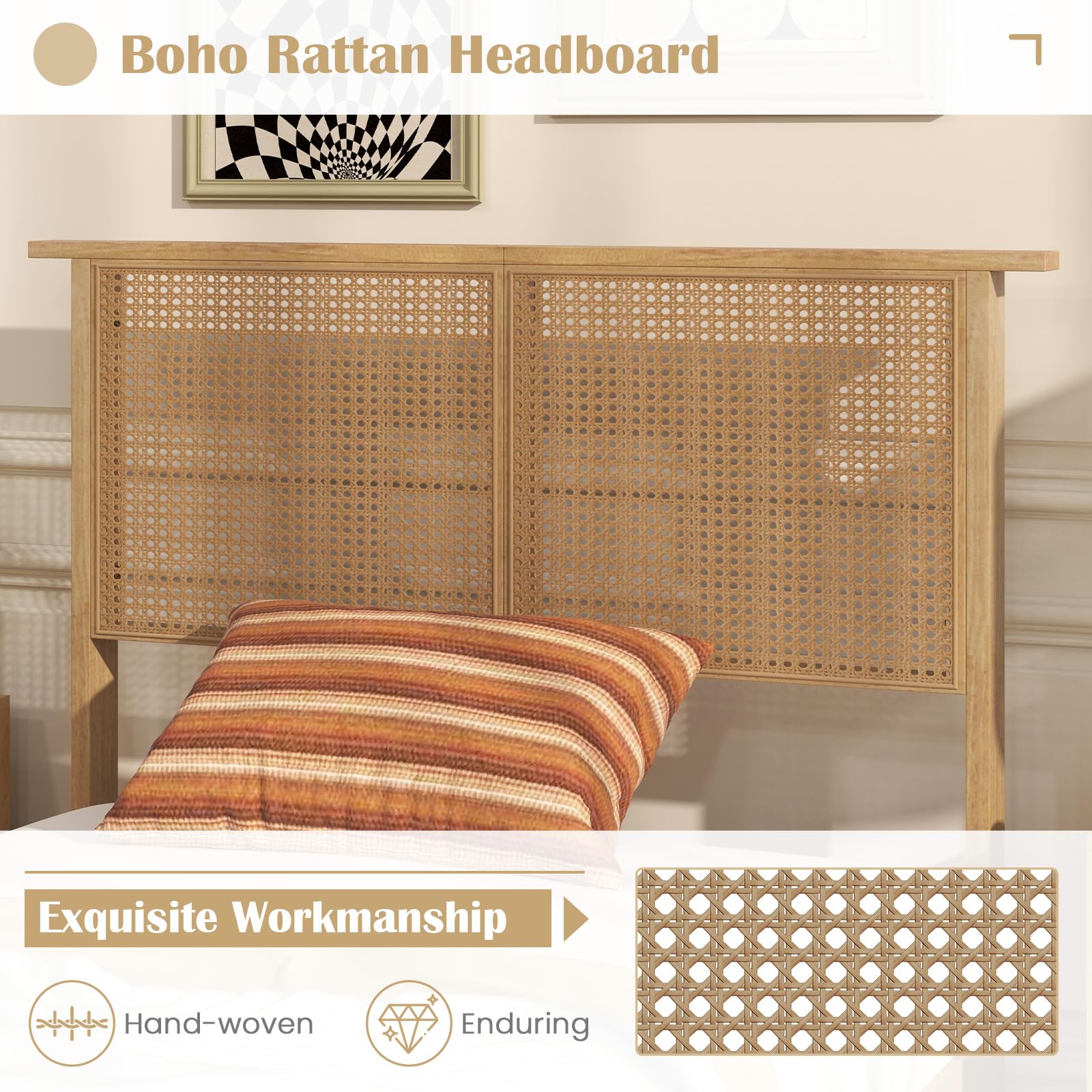 Giantex Bed Frames with Rattan Headboard, Boho Solid Wood Platform Bed with Wooden Slats
