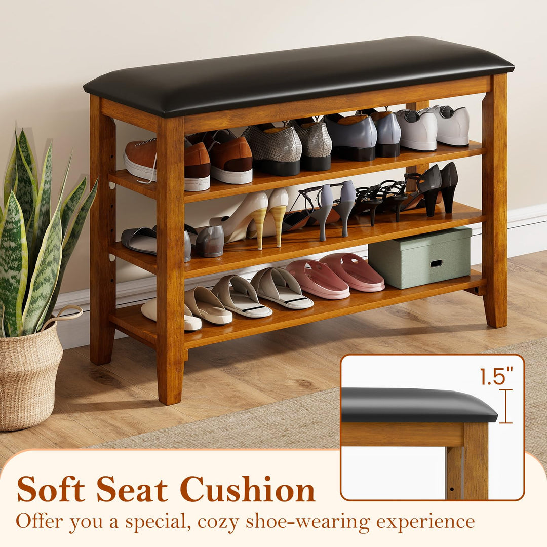 Giantex 4-Tier Shoe Rack Bench | Rubber Wood Entryway Bench with Adjustable Shelves