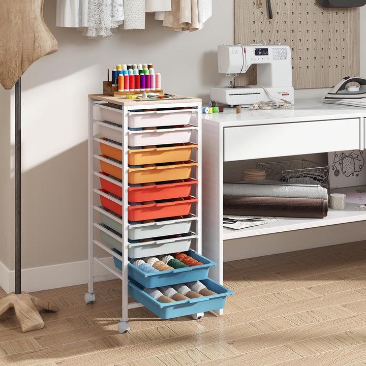 Giantex 10-Drawer Rolling Storage Cart Mobile Utility Organizer with Wooden Tabletop and Lockable Wheels