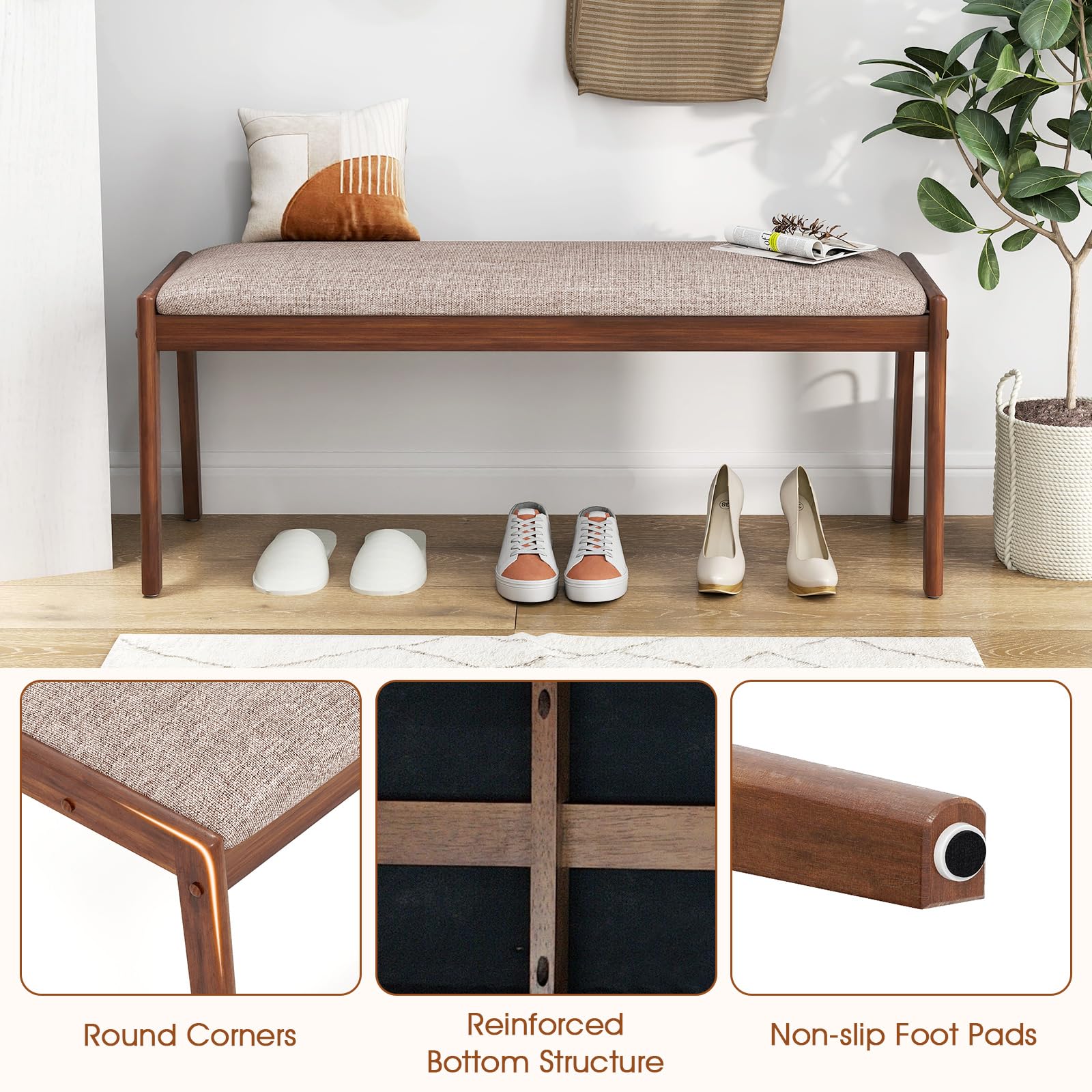 Giantex 45" Upholstered Entryway Bench with Rubber Wood Legs and Fabric Padded Seat