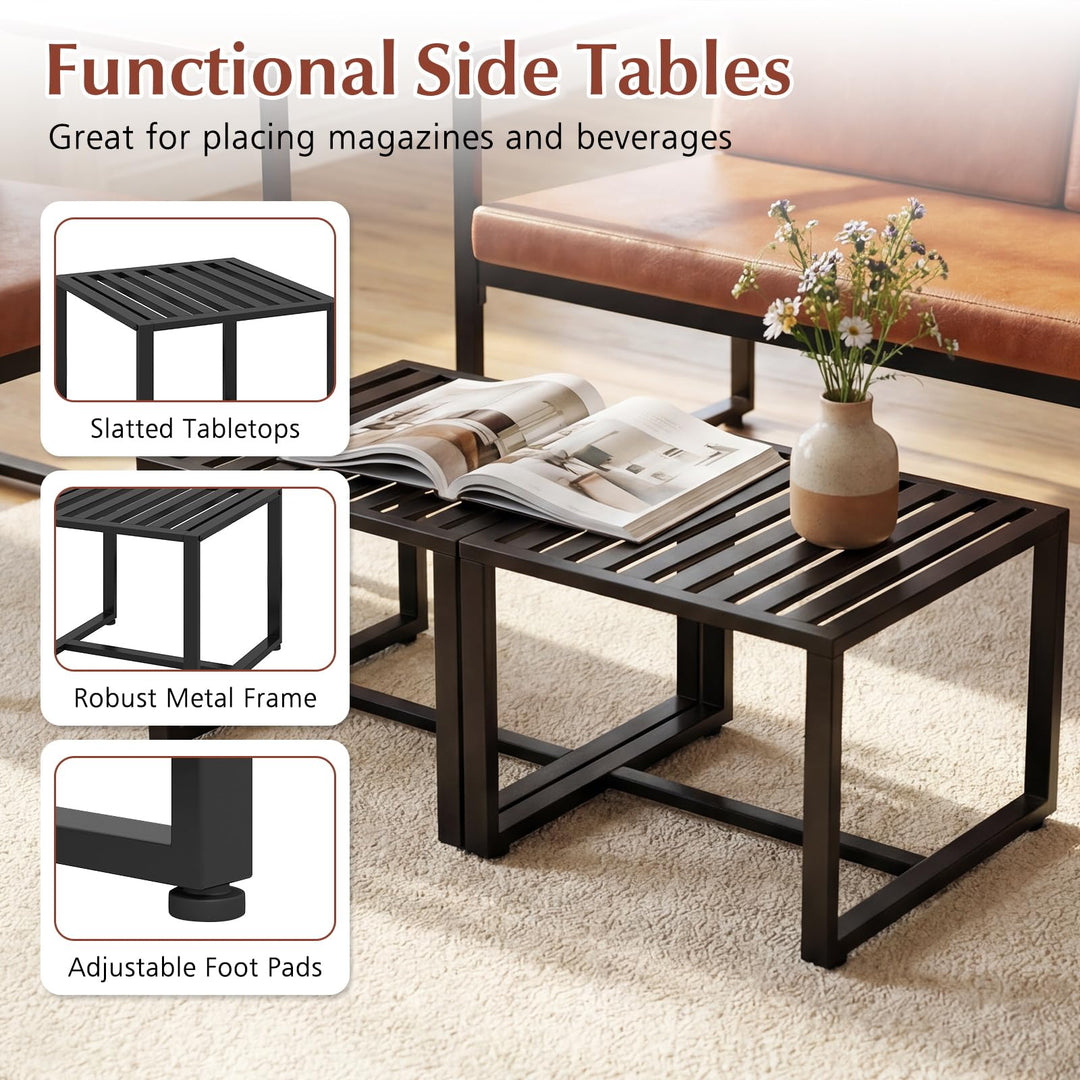 Set of 2 Metal End Tables with Slatted Tabletop