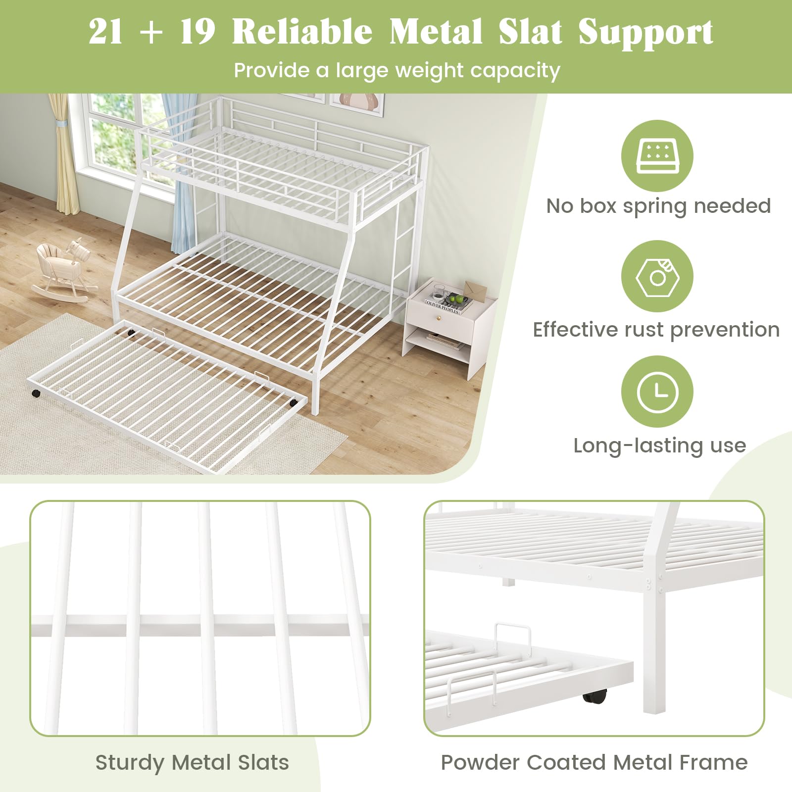 Giantex Twin Over Full Bunk Bed with Trundle, Heavy-Duty Metal Triple Bunk Beds