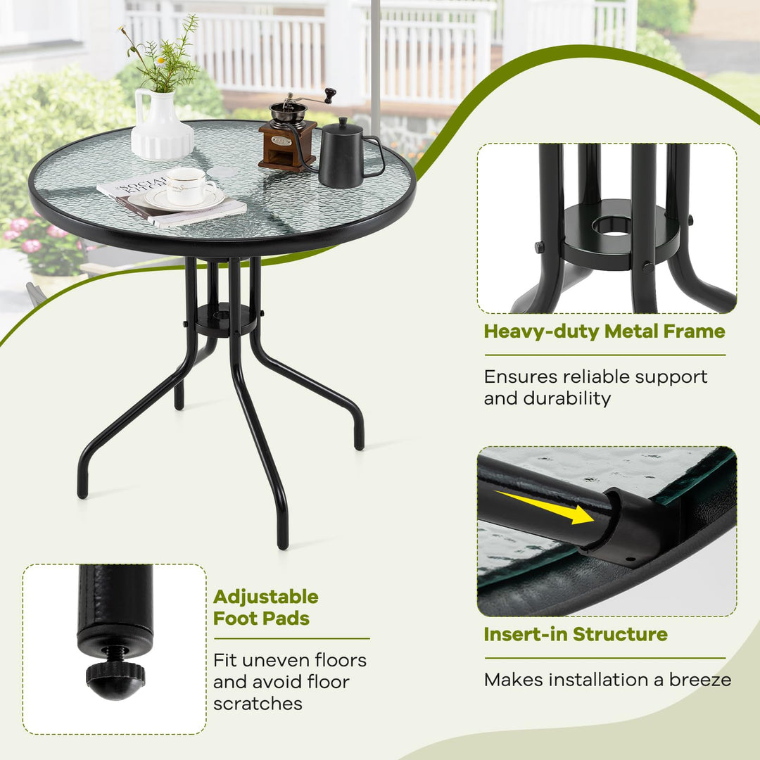 Giantex Patio Round Dining Table with Tempered Glass Tabletop and 2" Umbrella Hole