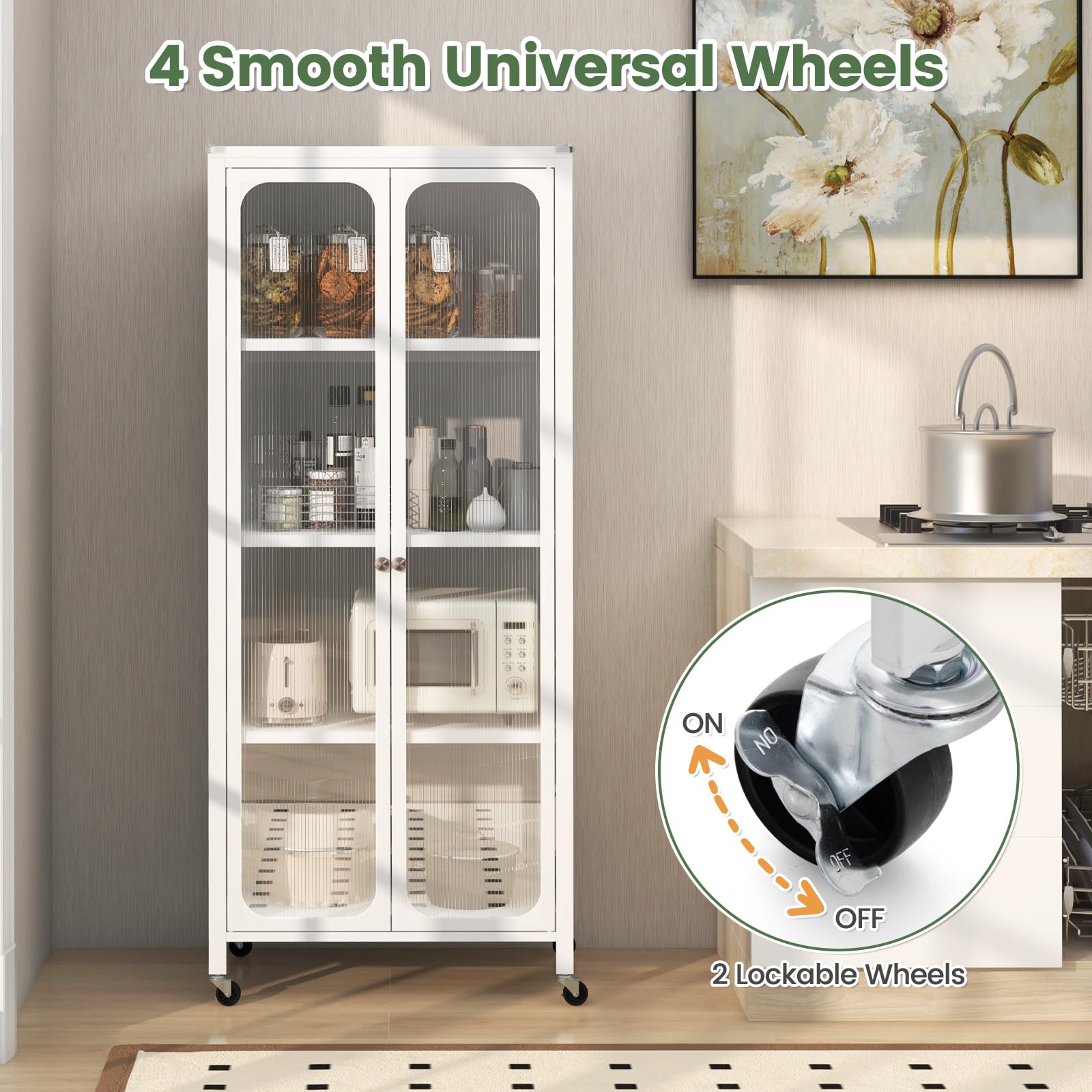 Giantex Bookcase with Doors, 58" Tall 4-Tier Bookshelf with Wheels, Adjustable Shelves (White)