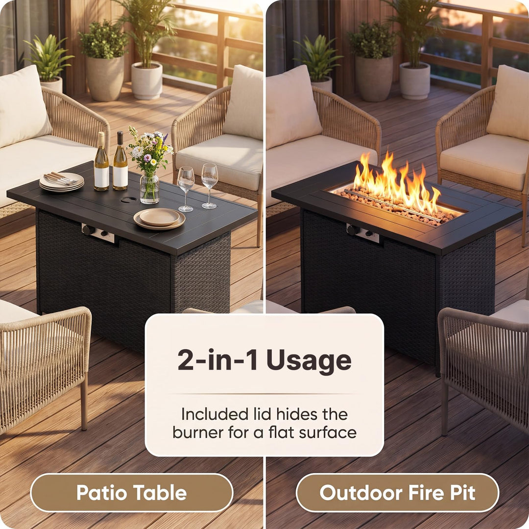 Giantex 42 Inch Propane Fire Pit Table | 50,000 BTU Wicker Gas Fire Table with Removable Lid