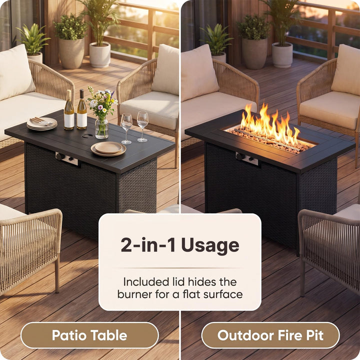 Giantex 42 Inch Propane Fire Pit Table | 50,000 BTU Wicker Gas Fire Table with Removable Lid