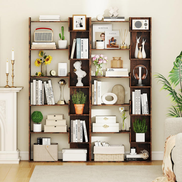Giantex 6-Tier Bookshelf Wooden Bookcase with Staggered Shelves