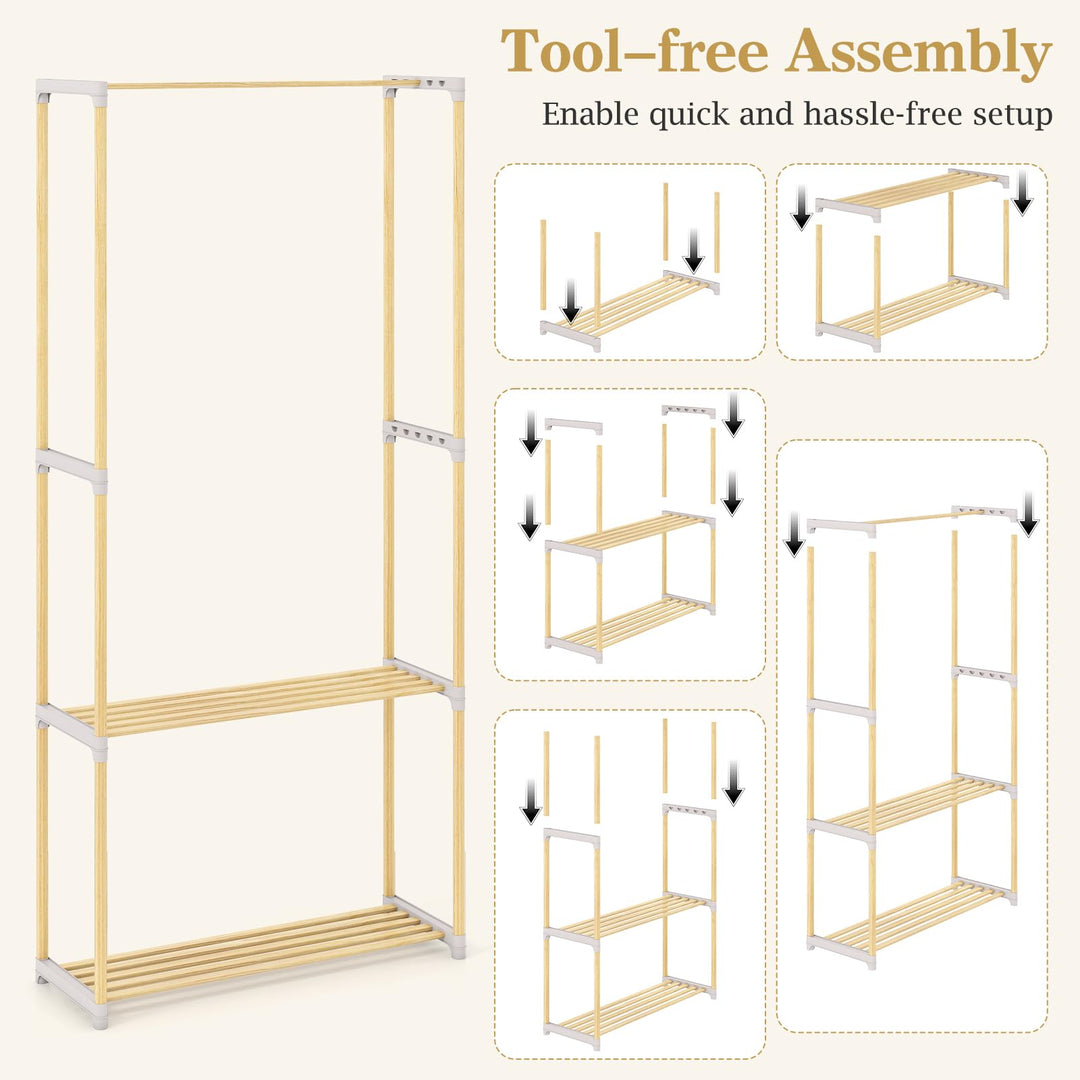 Giantex Pine Wood Clothes Rack with 2-Tier Open Storage Shelf for Hanging Clothes