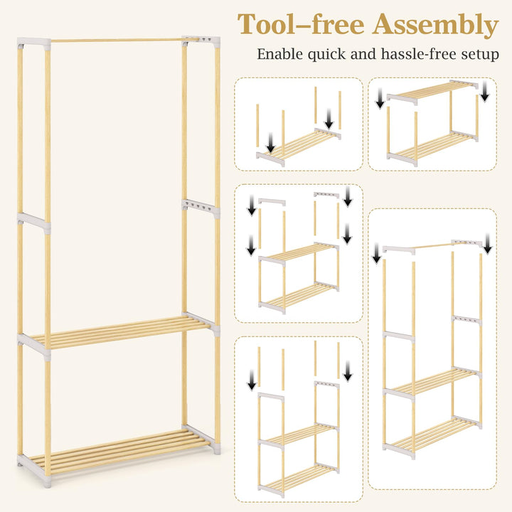 Giantex Pine Wood Clothes Rack with 2-Tier Open Storage Shelf for Hanging Clothes
