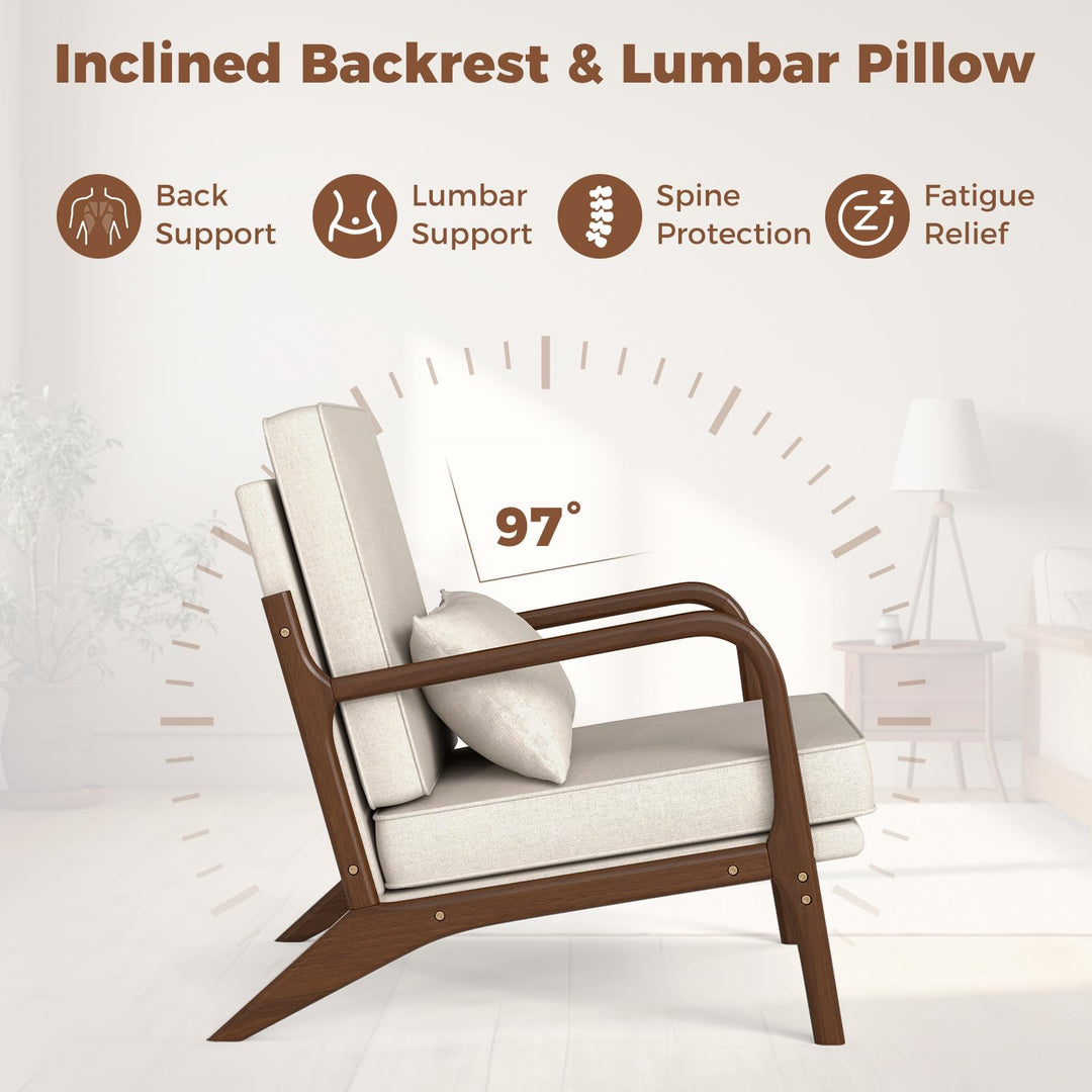 Giantex Mid Century Modern Accent Chair, Upholstered Armchair with Pillow, Rubber Wood Armrests & Legs