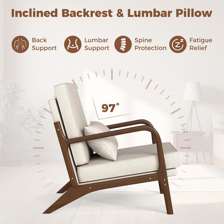Giantex Mid Century Modern Accent Chair, Upholstered Armchair with Pillow, Rubber Wood Armrests & Legs