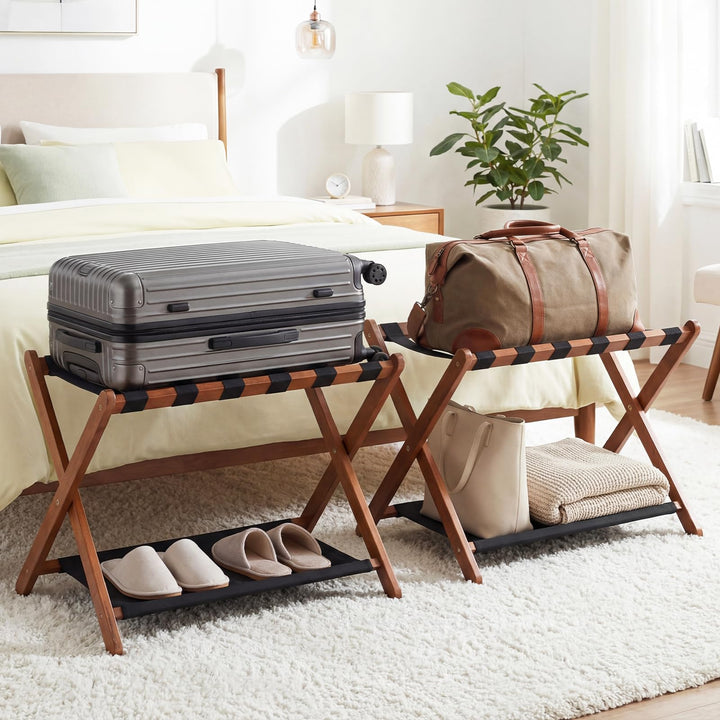 Giantex Folding Luggage Rack | Solid Rubber Wood Suitcase Stand with Storage Shelves