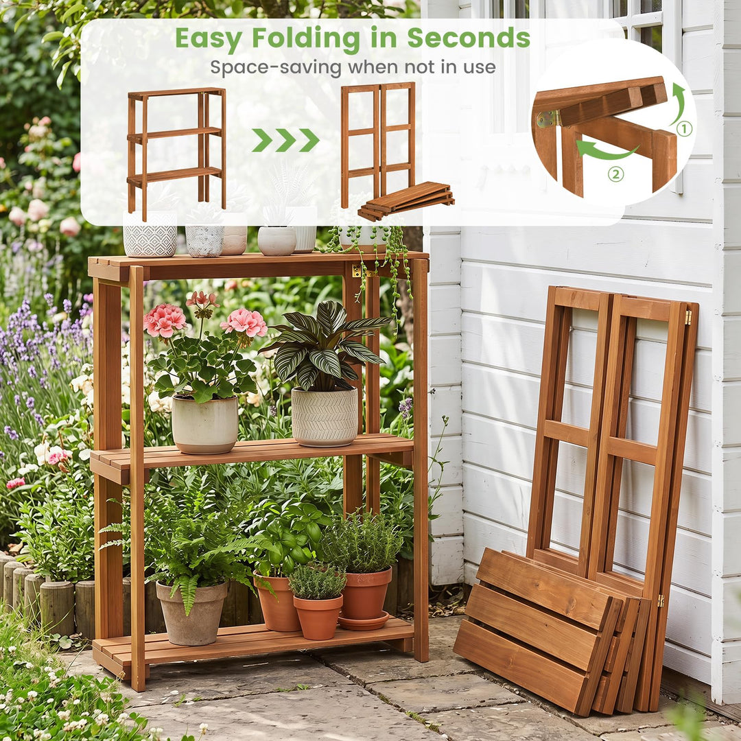 Giantex 3-Tier Foldable Solid Wood Indoor Outdoor Flower Pot Display Rack
