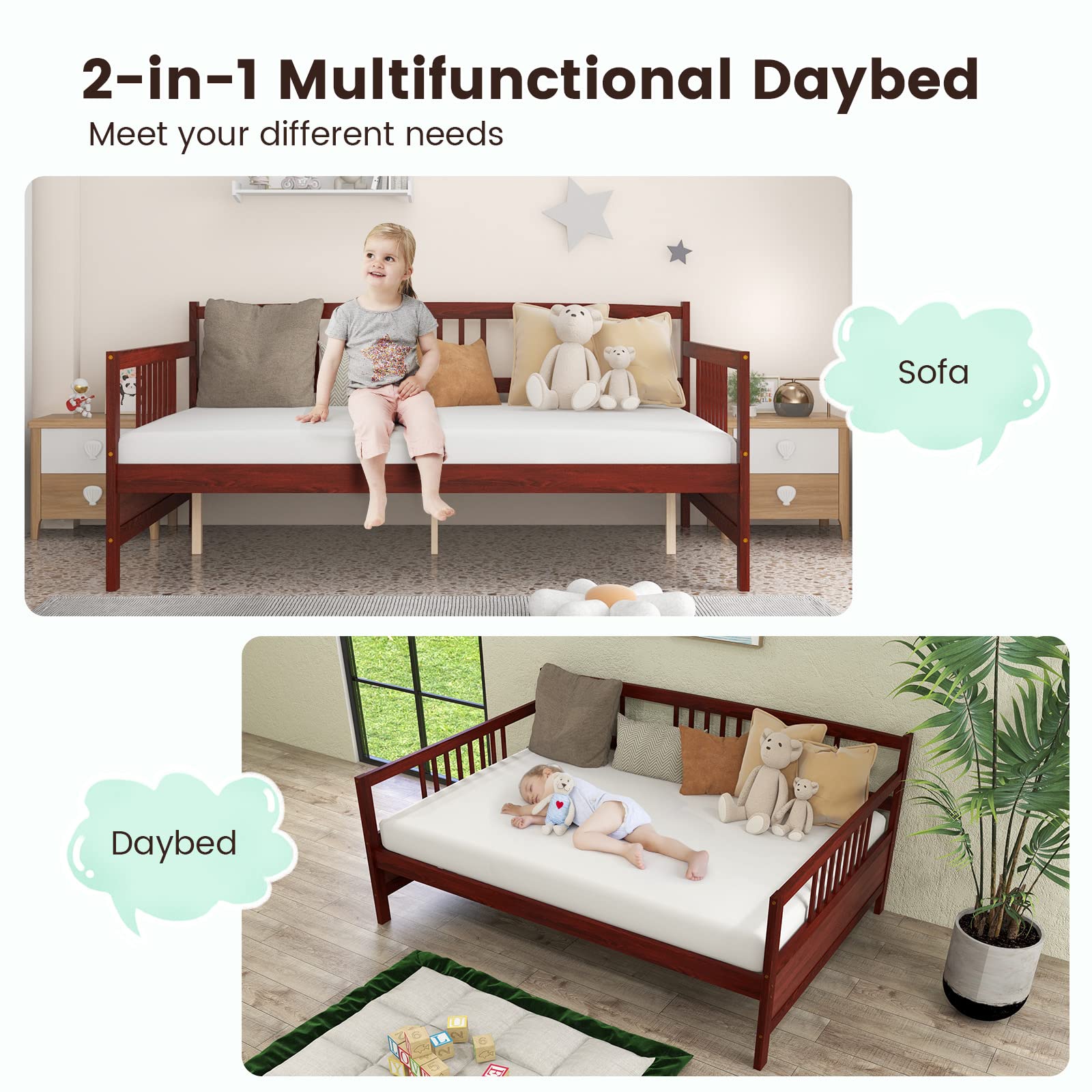 Giantex Full Size Daybed, Wooden Daybed Sofa Bed Frame with Wood Slat Support for Kids Teens (Full)