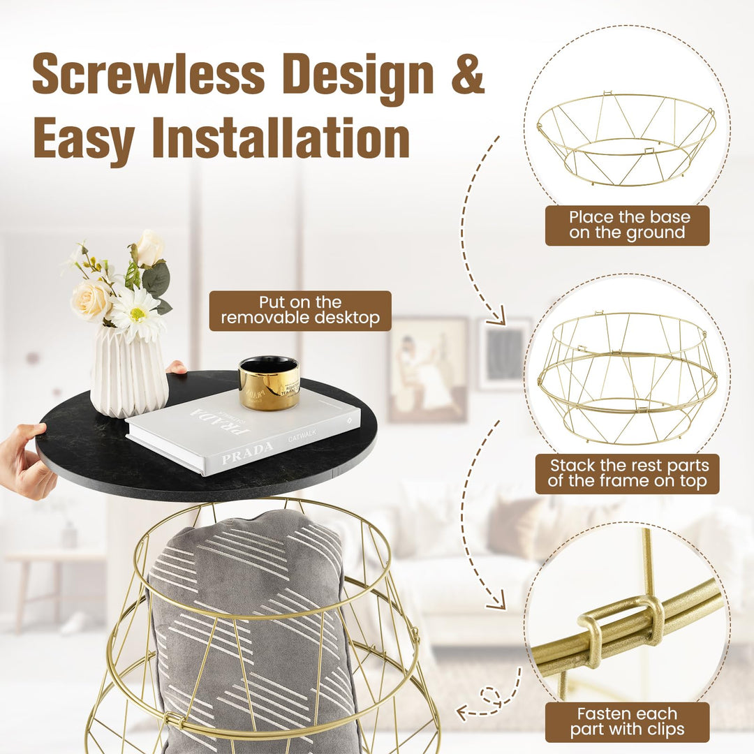 Giantex Round Coffee Table, Faux Marble Side End Table with Gold Metal Frame & Removeable Top