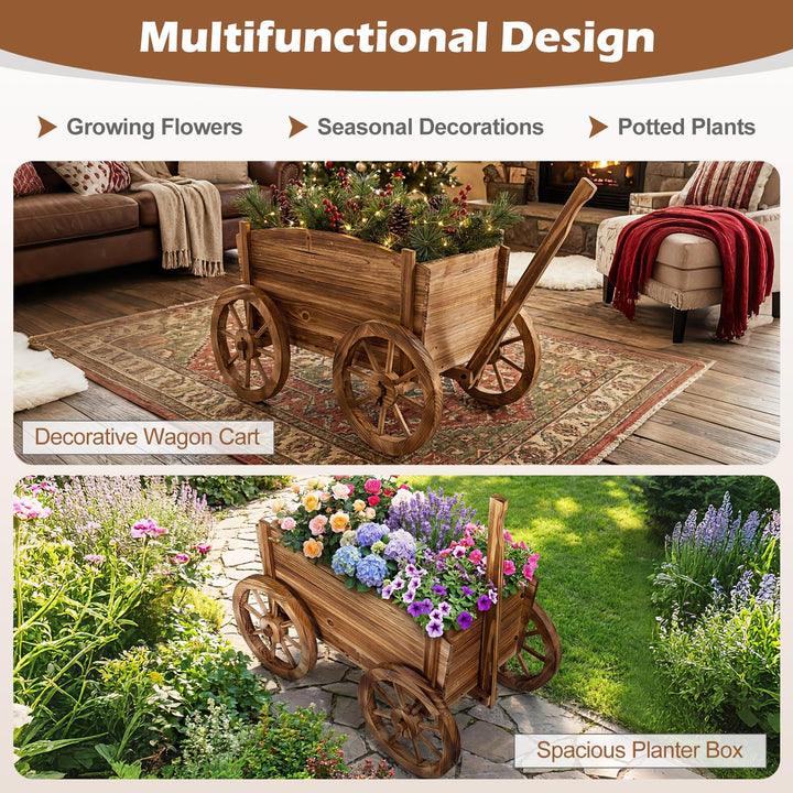Giantex Wood Wagon Planter Rustic Rolling Flower Pot Stand