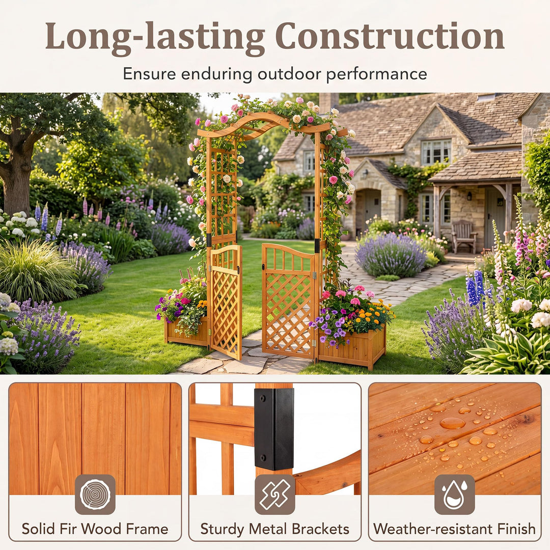 Giantex 83" Wooden Garden Arbor with Gate and 2 Planter Boxes