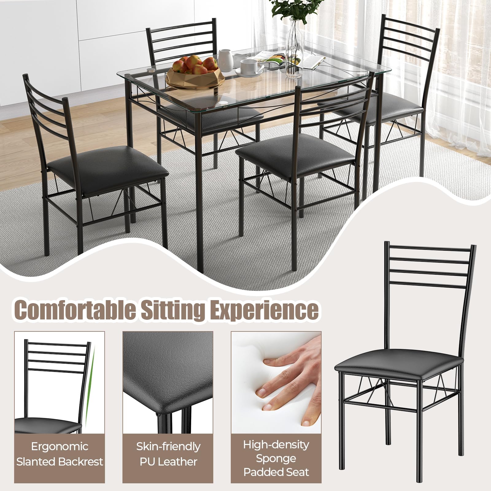 Giantex 5 Piece Dining Table Set, Kitchen Dining Set with Tempered Glass Table Top and 4 Upholstered Chairs (Black)