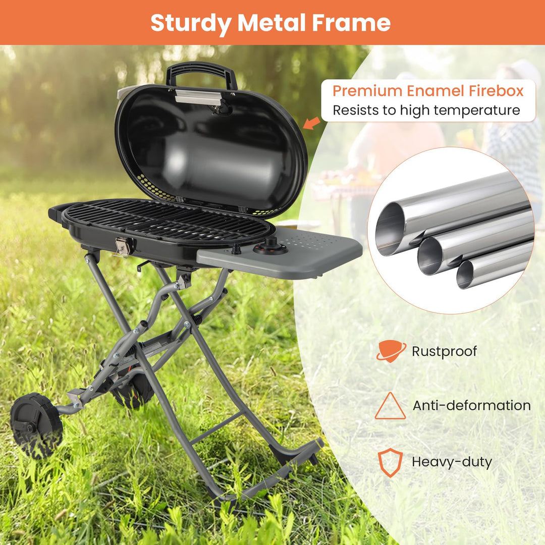 Giantex Gas Grill, Portable Propane Grill with 15,000 BTUs Burner, Side Table, 2 Wheels, Grease Tray