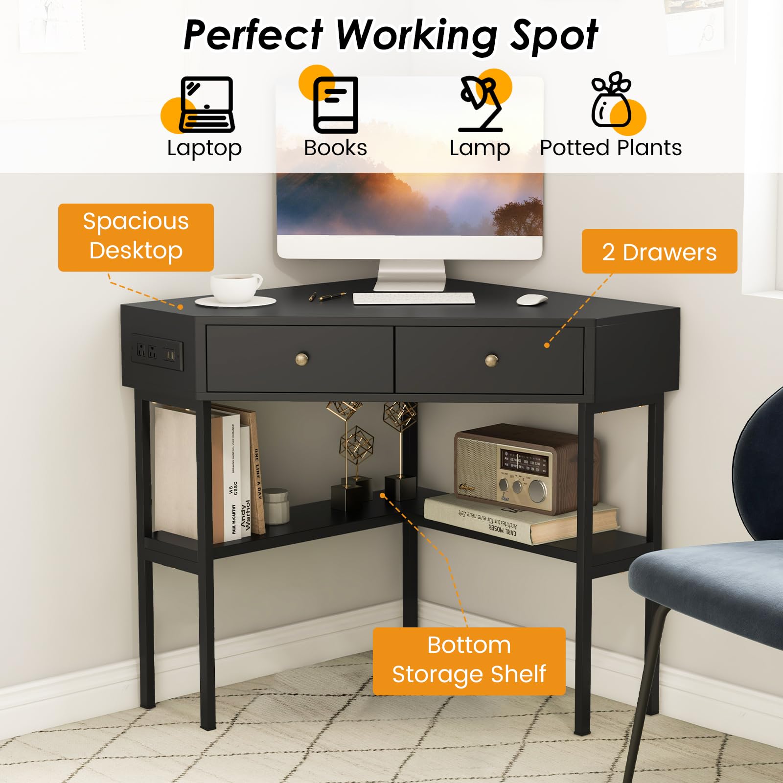 Giantex Corner Desk with Charging Station, 90 Degree Triangle Computer Desk with 2 Drawers & Storage Shelf