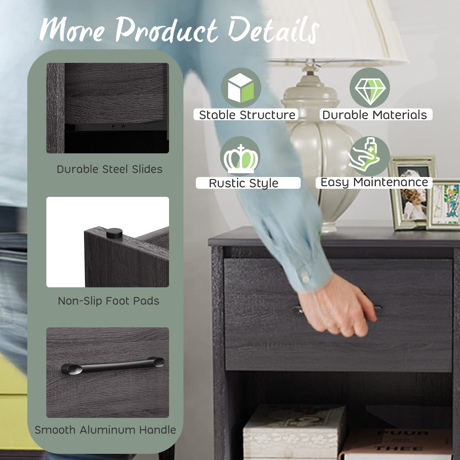 Nightstand w/Drawer, Wooden End Table w/Open Storage Compartment