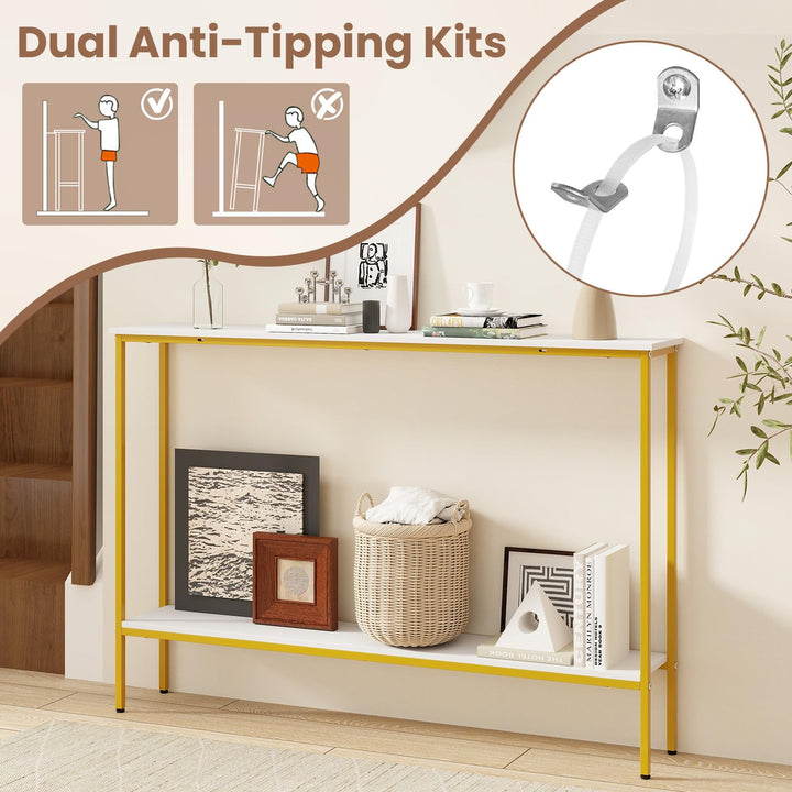Giantex Gold Console Table with Shelf, 44" Narrow Entryway Table w/Dual Anti-Tipping Kits & Golden Metal Frame