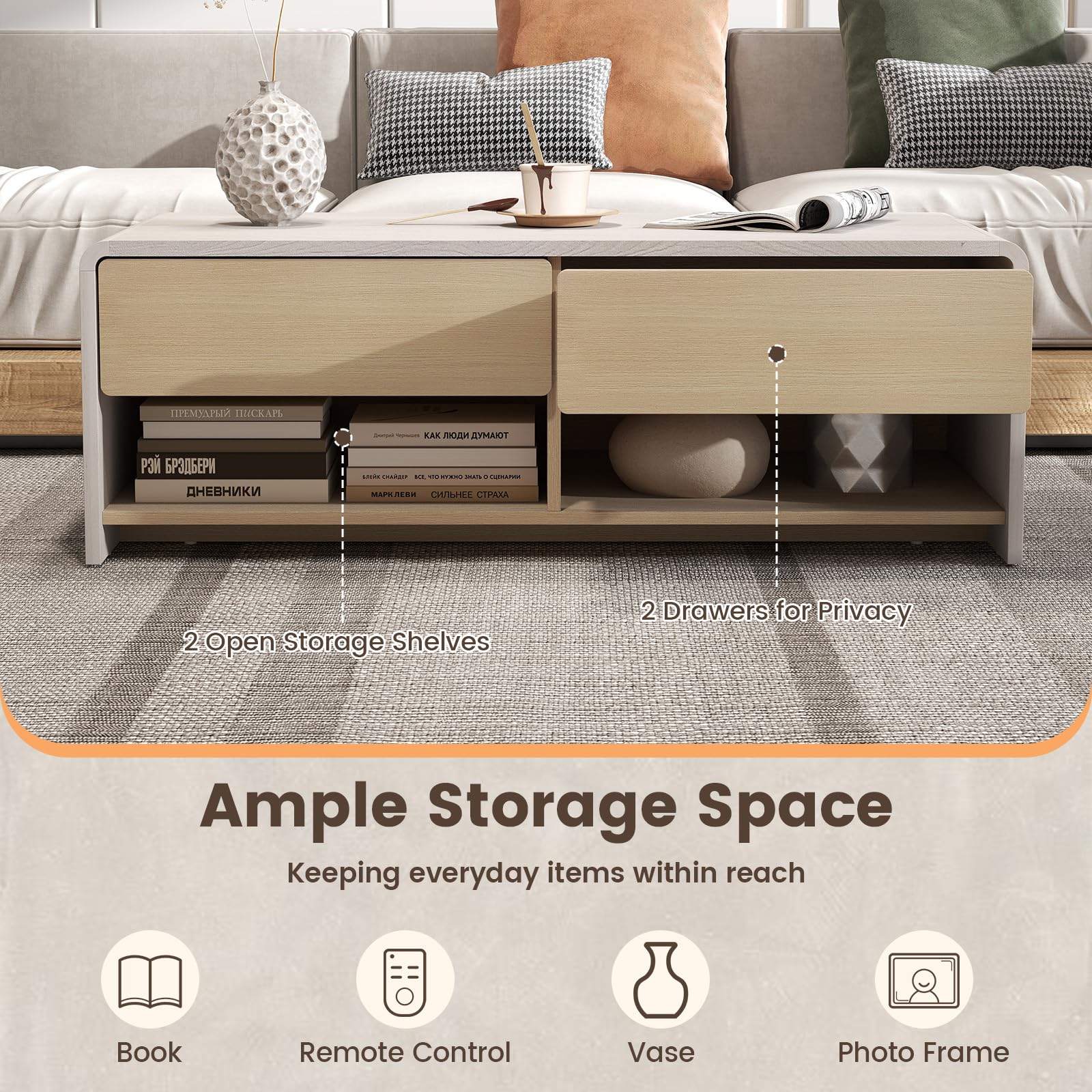 Giantex 43 Inch Modern Rectangle Coffee Table with Storage Drawers