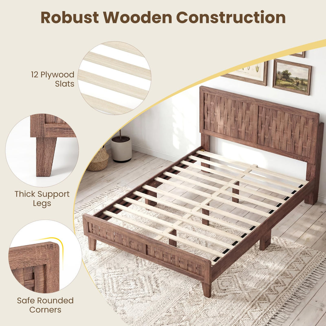 Giantex Wood Bed Frame with Woven Headboard (Full/Twin/Queen)