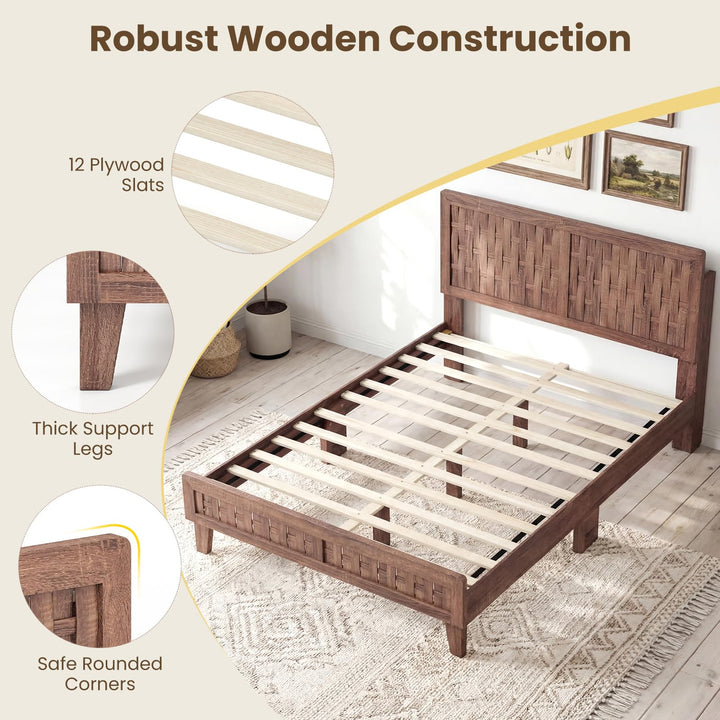 Giantex Wood Bed Frame with Woven Headboard (Full/Twin/Queen)