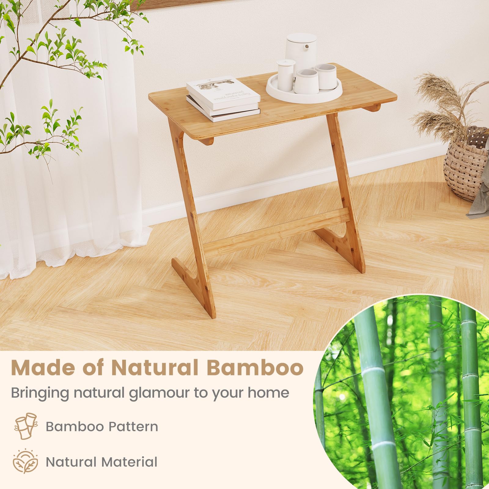 Giantex Bamboo TV Tray Table, Z Shaped Sofa Couch Side Table for Eating Snacks Coffee Laptop