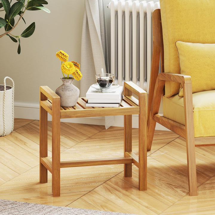 Giantex Teak Wood Shower Bench - 20" Waterproof Shower Stool with Handles and Slatted Seat for Inside Shower