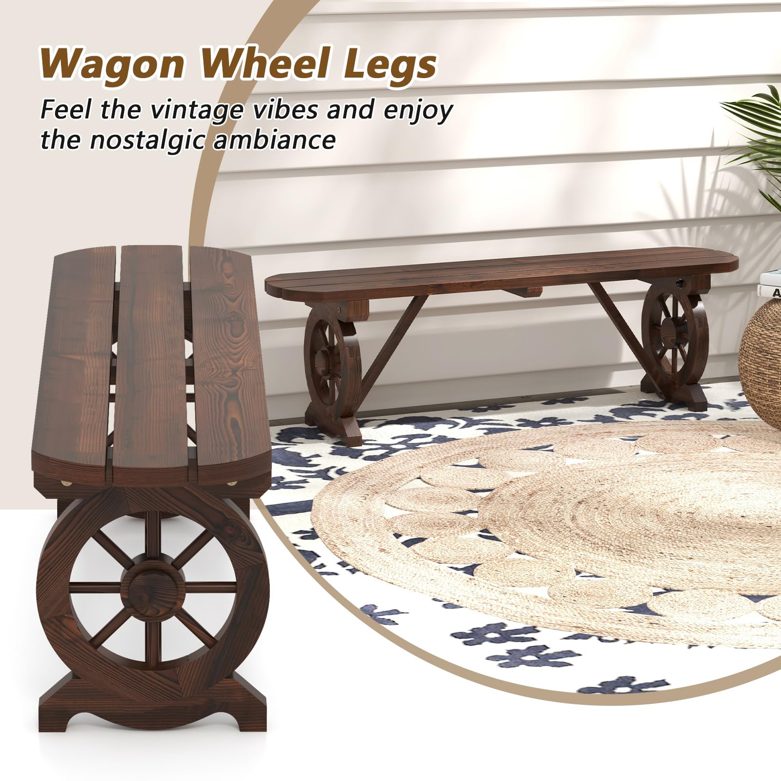 Giantex 2-Person Wooden Outdoor Bench - Patio Bench w/Wagon Wheel Legs