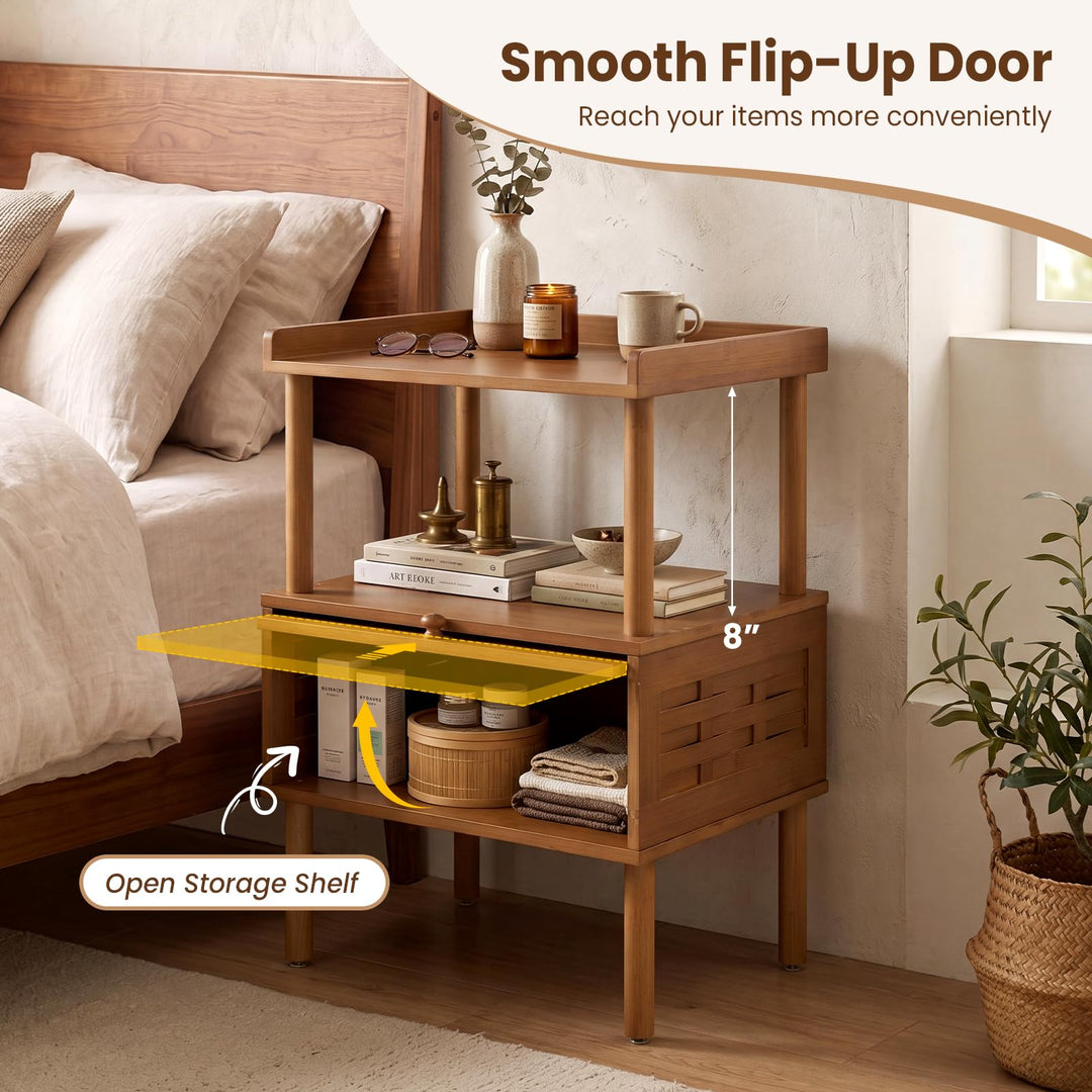 Giantex Boho Bamboo Rattan Nightstand w/Flip-Up Door &amp; Rasied Edge