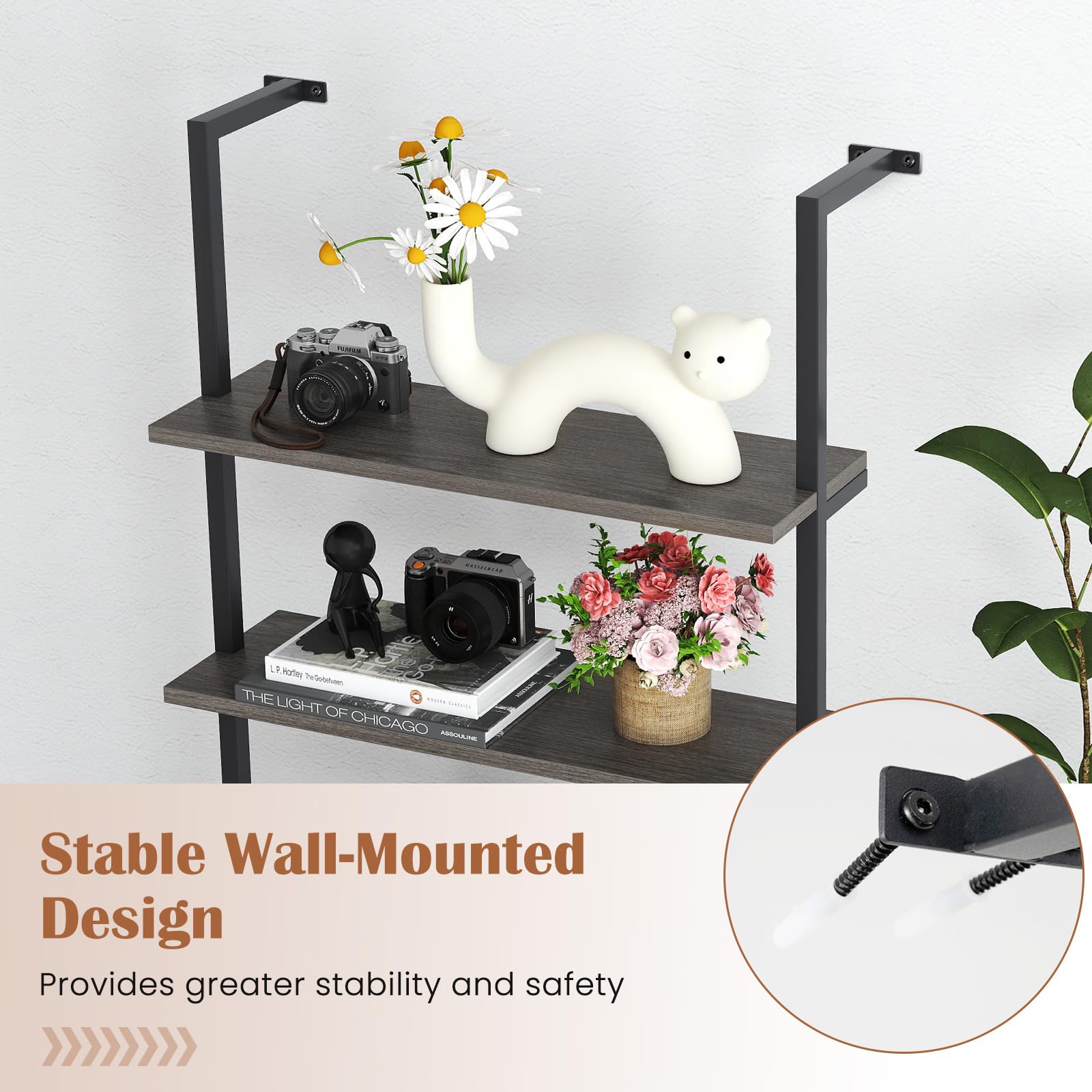 Giantex 6-Tier Ladder Shelf, 72" Wall Mounted Bookshelf with Metal Frame, Industrial Open Storage Shelves