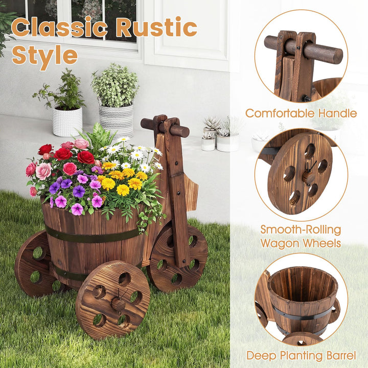Giantex Wooden Wagon Planter with Wheels Rustic Wood Plant Stand(Solid Wheel)