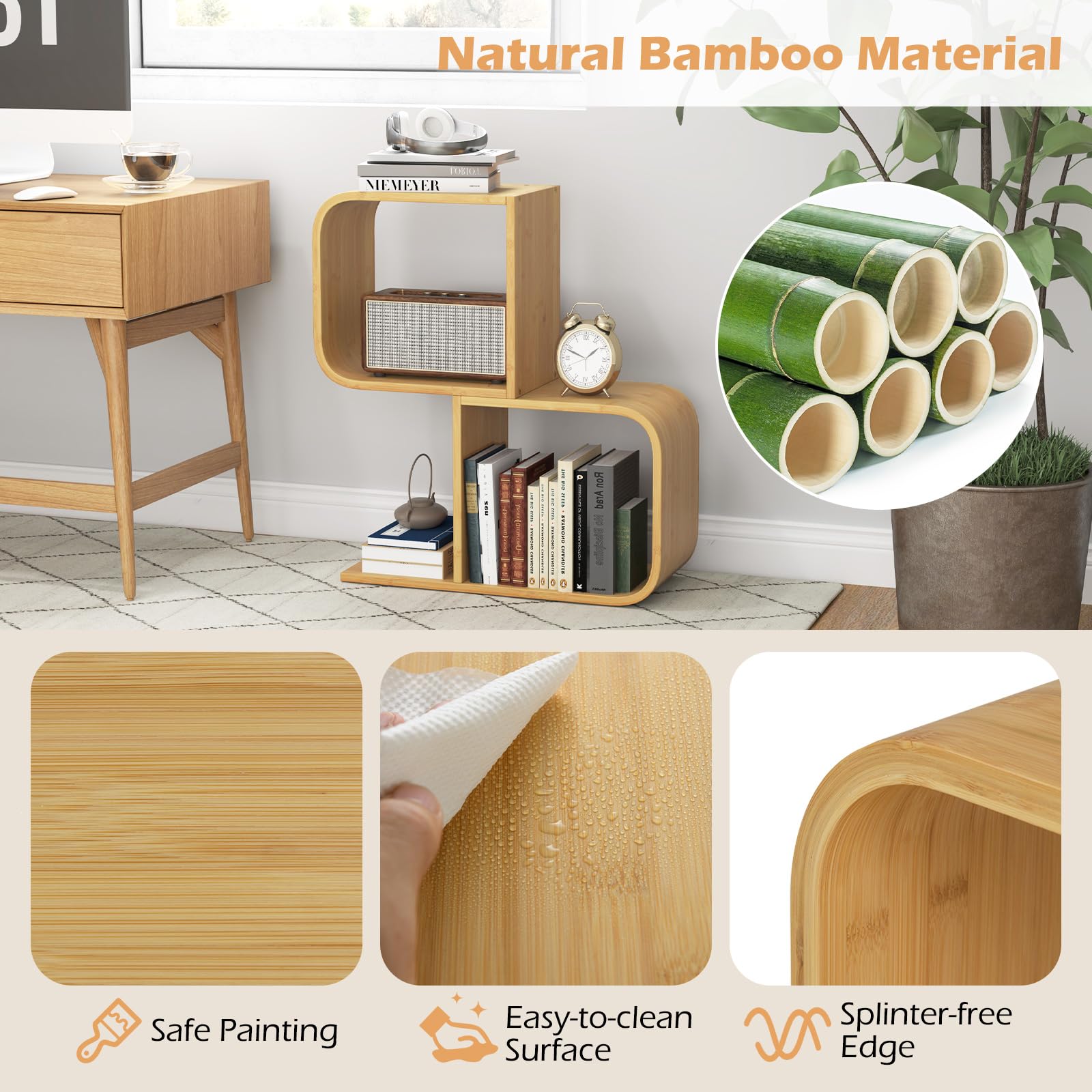 Giantex S-Shaped Bookcase, 2-Tier Bamboo Bookshelf with 2 Open Cubes, Geometric Corner Display Shelf