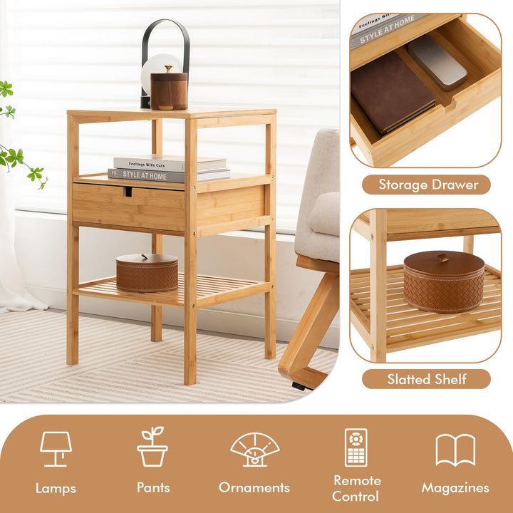 Giantex Nightstand Set of 1/2, Bamboo End Table with Drawer and 2 Open Shelves