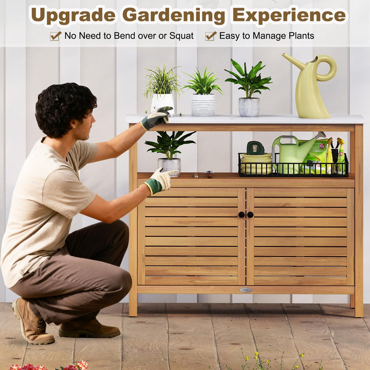 Giantex Outdoor Potting Bench Acacia Wood Large Planting Workstation with 2-Door Storage Cabinet