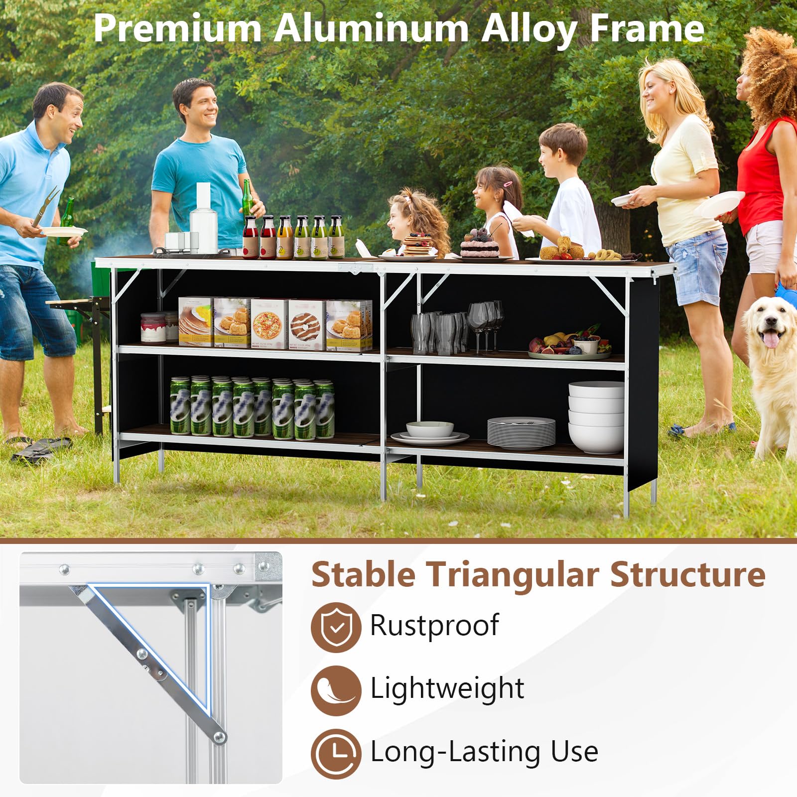 Giantex Extra Long Portable Bar Table with 2 Tier Storage Shelves