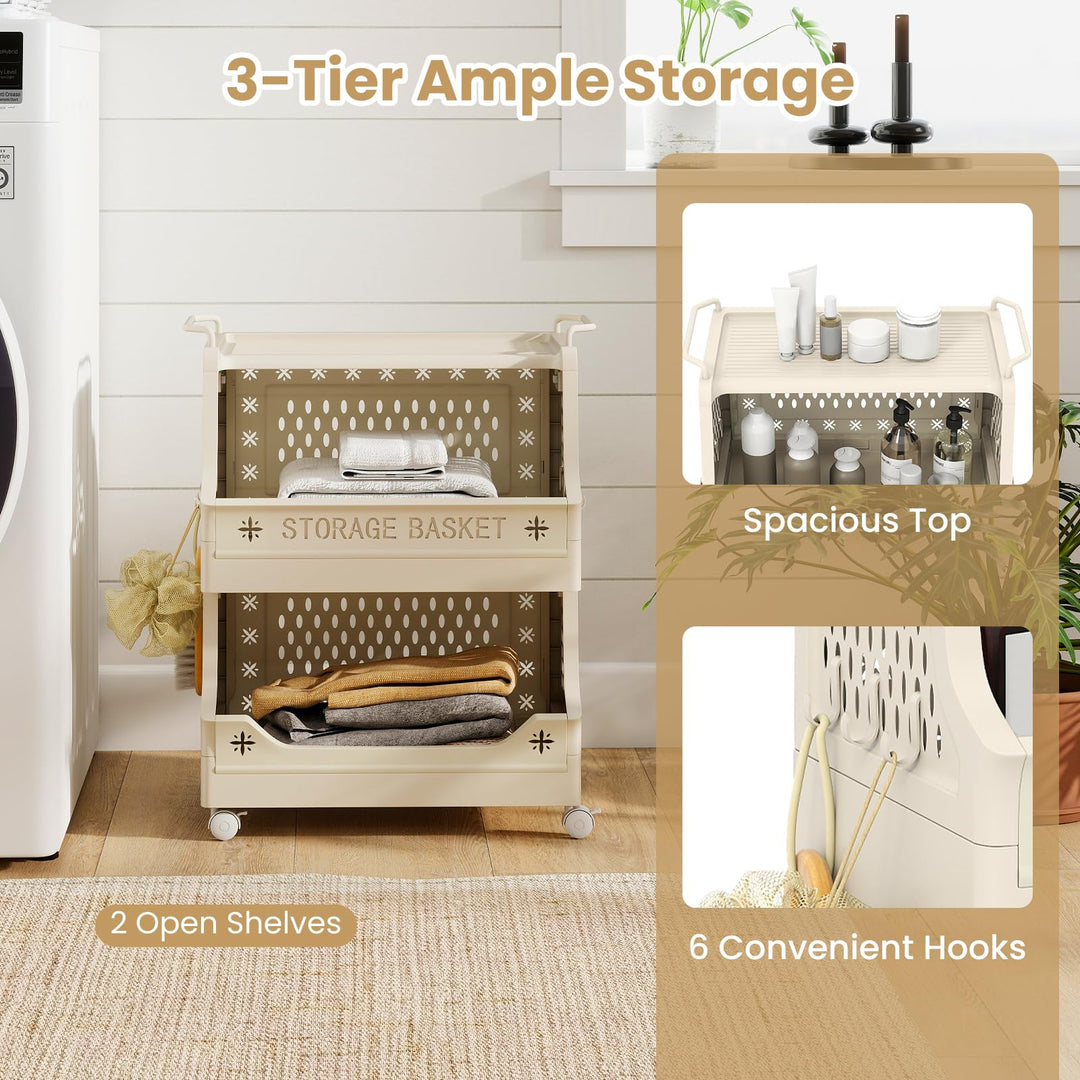 Giantex 3-Tier Rolling Laundry Cart with Wheels Folding Laundry Basket w/Handles & Hooks