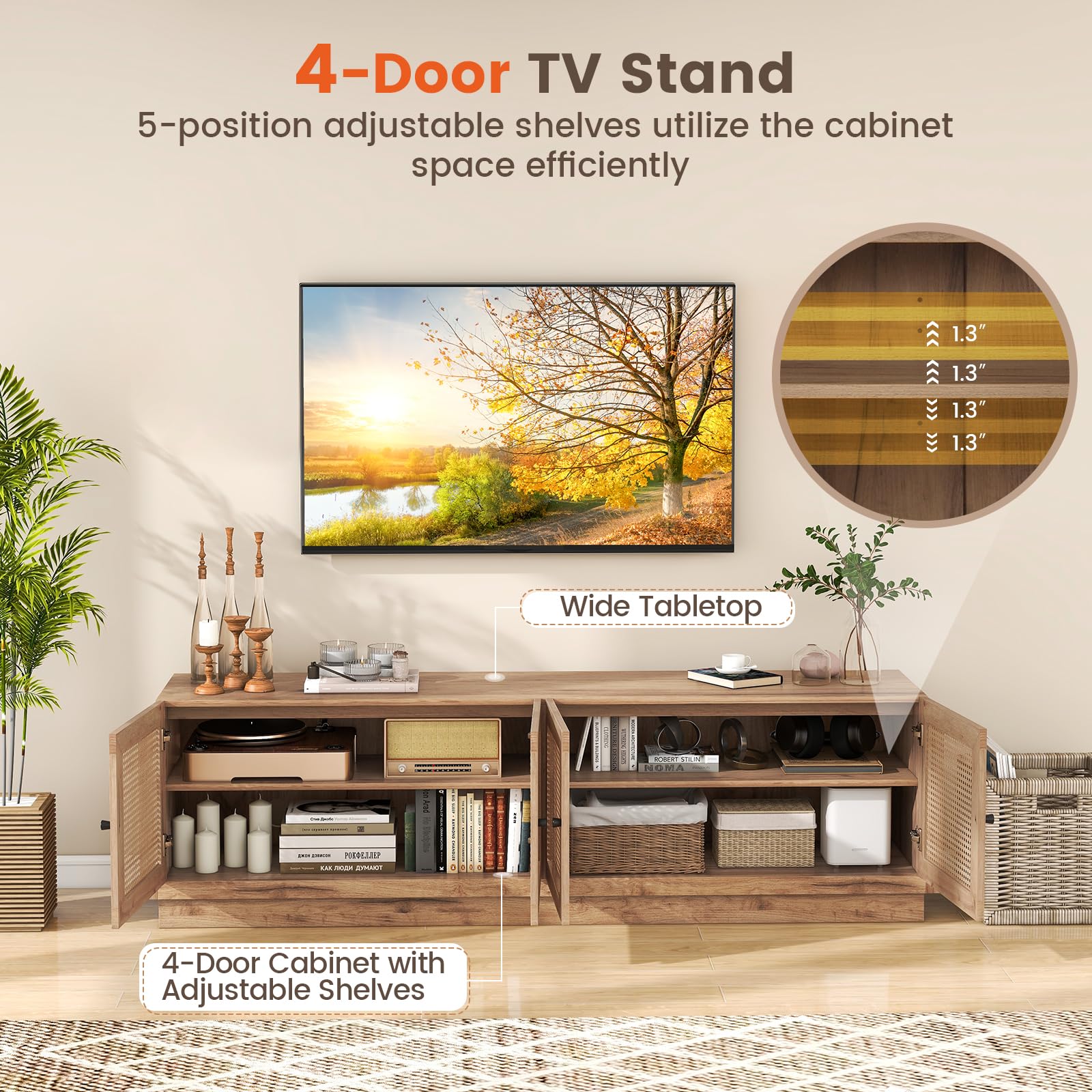 Giantex Farmhouse TV Stand for TVs up to 75”, 4-Door PE Rattan Entertainment Center