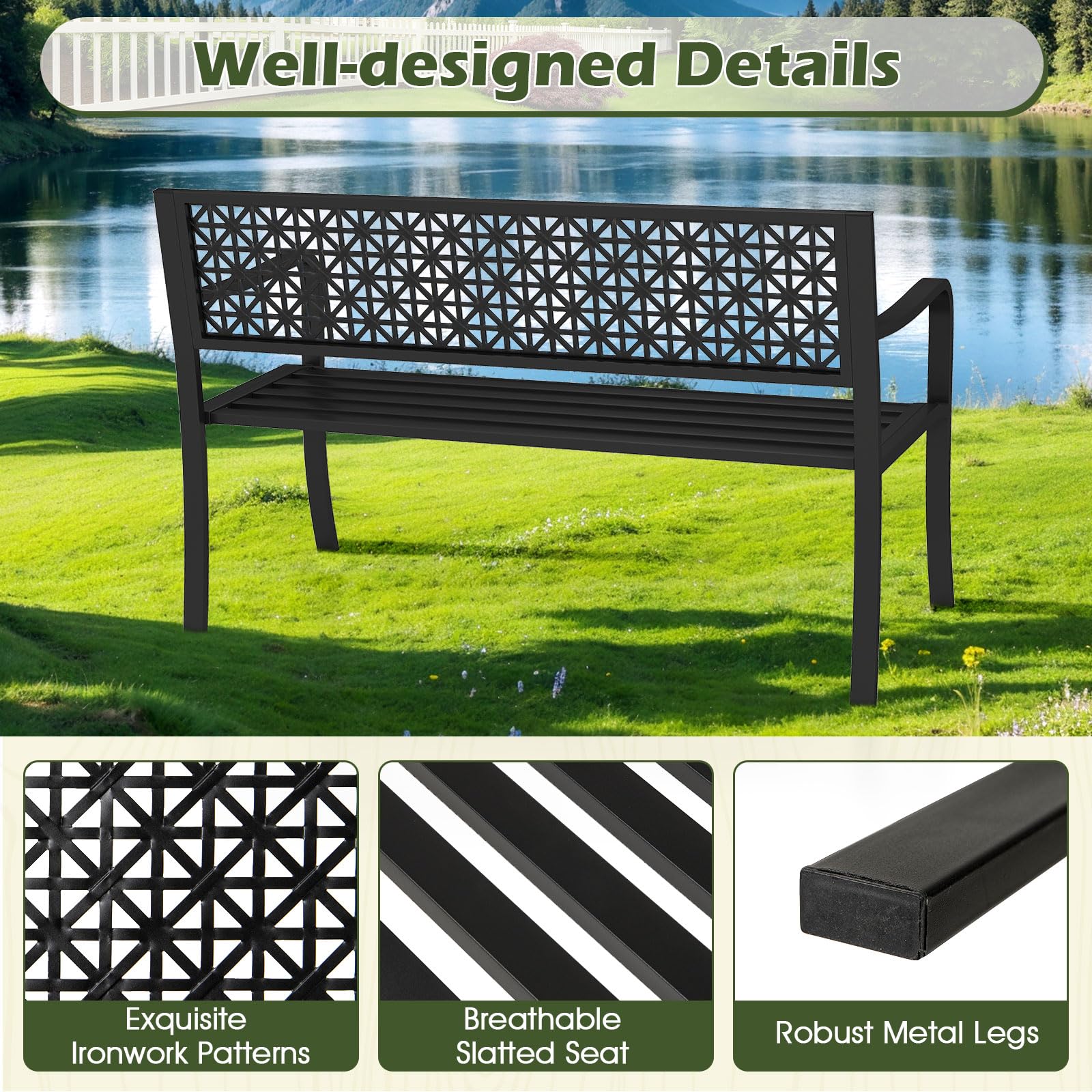 Giantex Patio Bench with Geometric Backrest for Garden