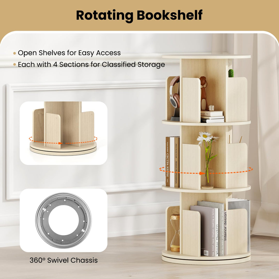 Giantex 3-Tier Rotating Bookshelf 360° Display Rack w/Dividers & Anti-Falling Baffles
