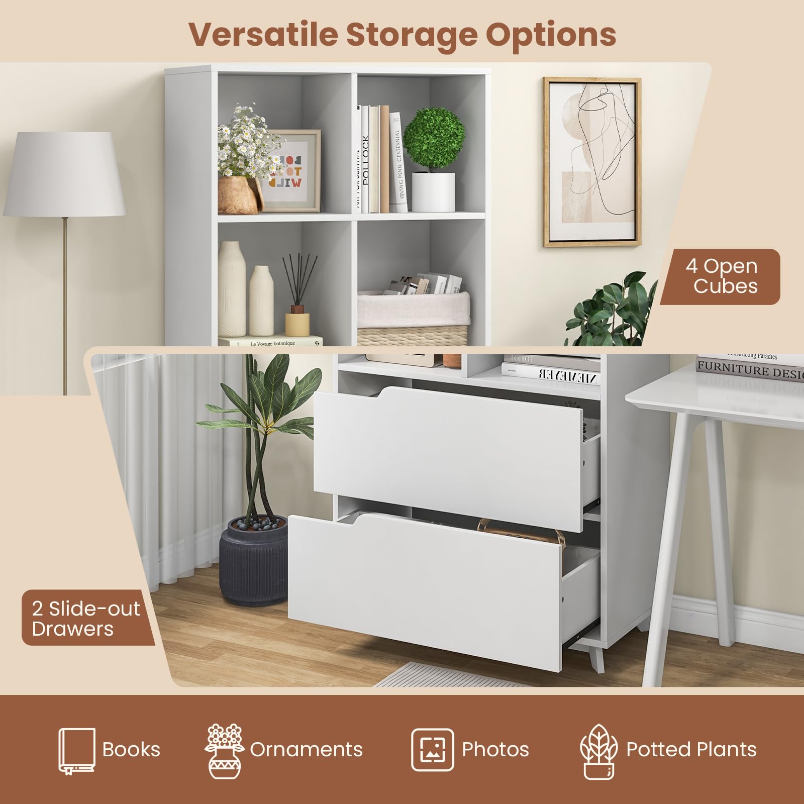Giantex 51" Tall Bookcase with 2 Drawers, 4-Tier Open Bookshelf with 4 Storage Cubes, White