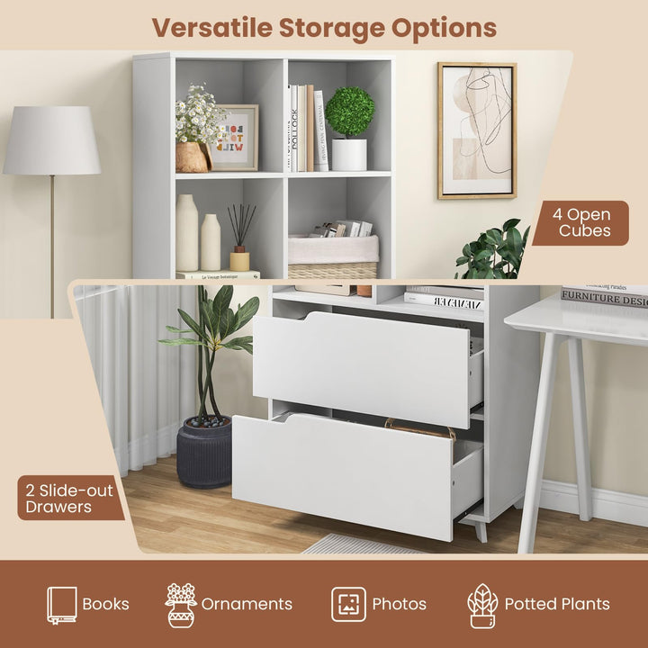 Giantex 51" Tall Bookcase with 2 Drawers, 4-Tier Open Bookshelf with 4 Storage Cubes, White