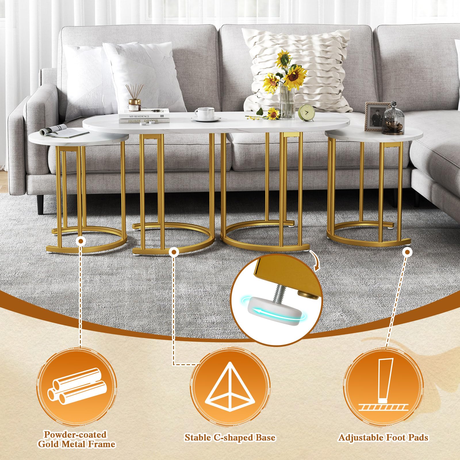 Giantex Nesting Coffee Table Set of 3, Stacking Side Tables with Faux Marble Tabletop & Gold Metal Frame